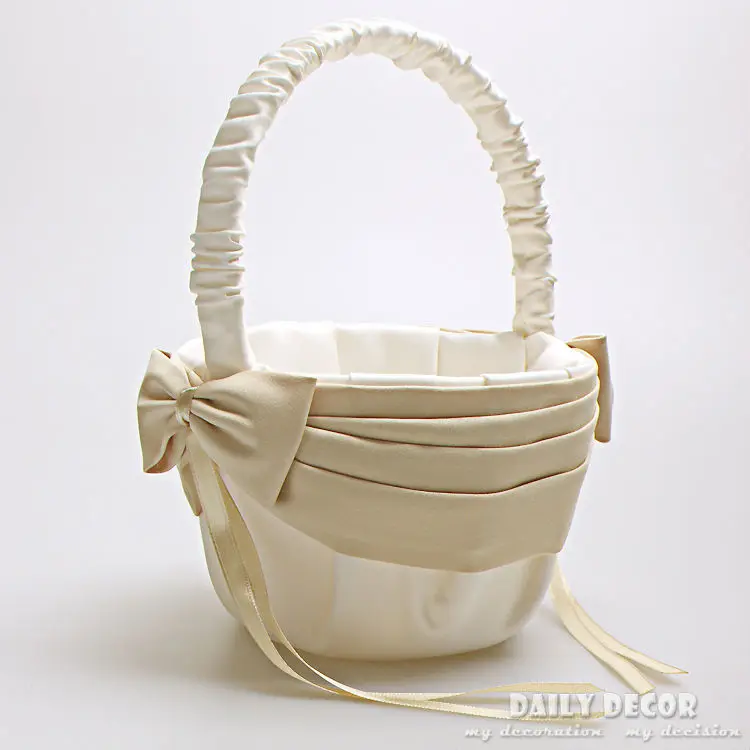 

High-Q Beige + Champagne flower girl satin wedding baskets with bow wedding accessories cestas de casamento boda free shipping