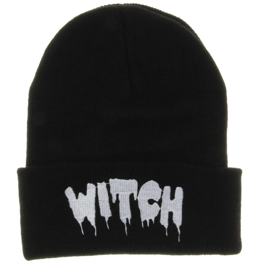 

Hot New Black Acrylic Embroider Letter WITCH Beanies Hats For Women Men Unisex Adult Casual Skullies Winter Caps Knitted Gorros