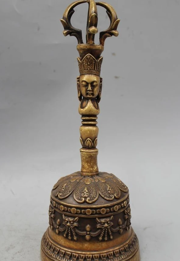 

10" Tibet Tibetan Buddhism religion Bronze Two Buddha Head Ling Dand small bell