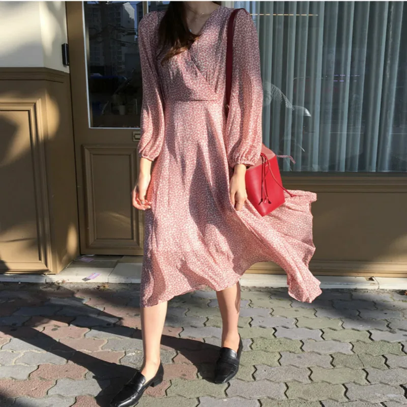 

Women Spring Long Floral Chiffon Princess Dress V-neck Sexy A-line Vestidos with Belt Slim Waist Elegant Bodycon Robe Femme