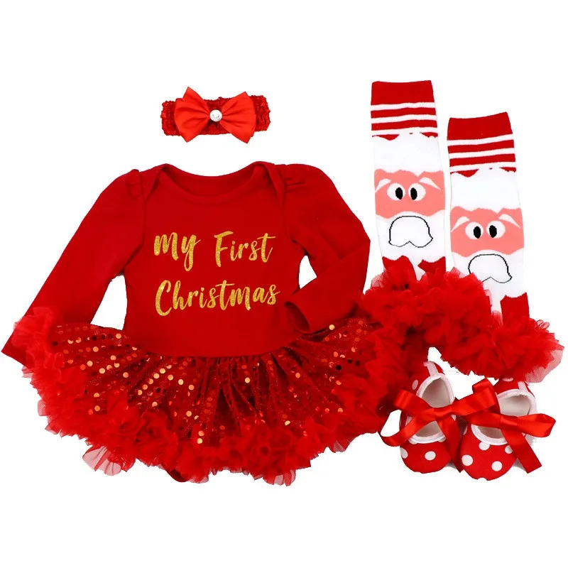Розничная платье для девочек возрастом от 4 шт./компл. одежда для маленьких девочек Рождественские костюмы для малышей для мальчиков и девочек; Roupas De Bebe для новорожденных комбинезон+ носки+ повязка+ обувь