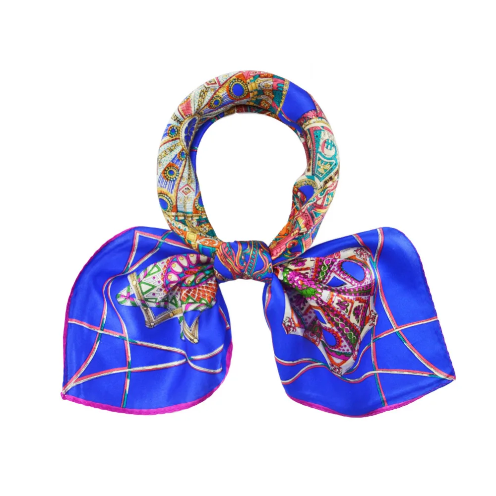 Women Silk Scarf Square Small Fall Winter Navy Blue Printed Scarves for