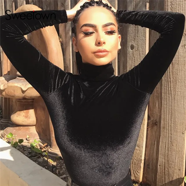 US $9.40 Sweetown Casual Velvet Long Sleeve Bodysuit Women Elegant Jumpsuit Short 2019 Autumn Winter Turtlen