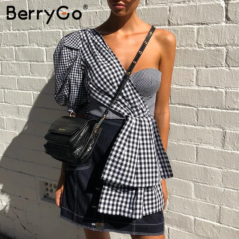 BerryGo сексуальные клетчатые женские короткие топы на одно плечо Женская
