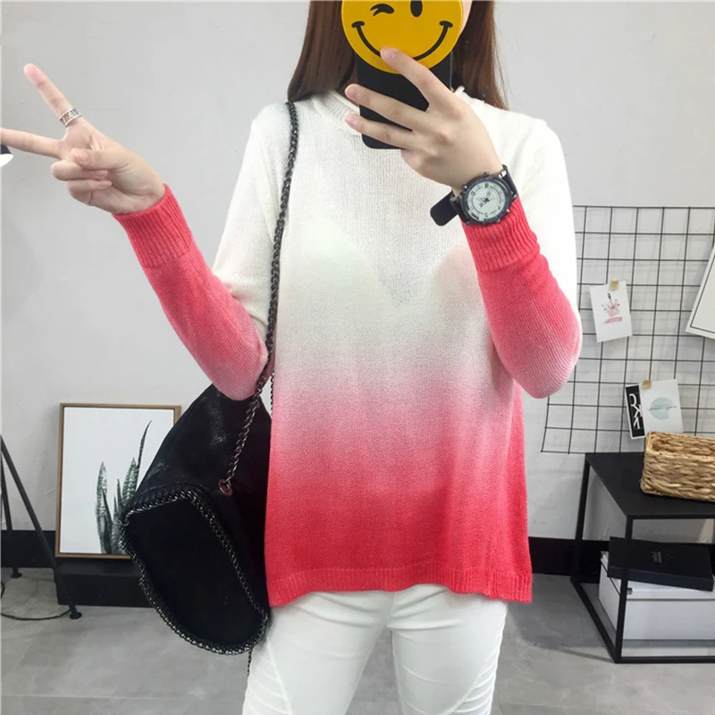

PEONFLY Elegant Gradient Color Autumn Winter Sweater Women 2019 Long Sleeve Knitted Pullovers Sweater Female Pink Jumper Ladies