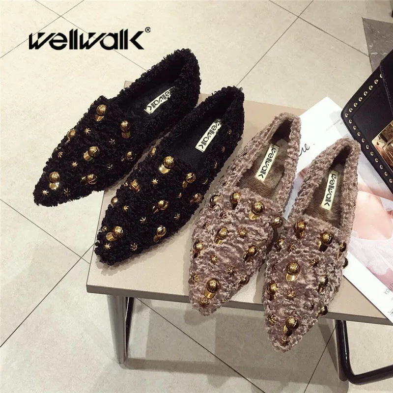 

Fur Flats Shoes Women Slip On Casual Flats Ladies Metallic Beans Fur Loafers Female Autumn Shoes Ballerinas Flats zapatos women