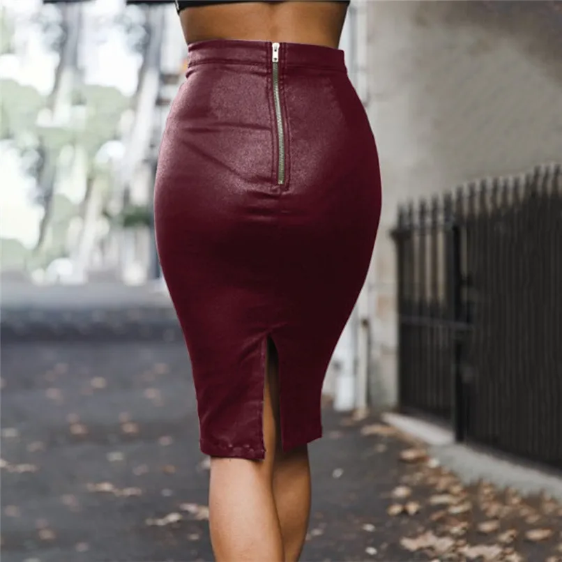 New Fashion Skirt Women White PU Leather Pencil High Waist Uzun Etek Skirt Sexy Zipper Bodycon Skirt Stretch Party Clothe 40NV510