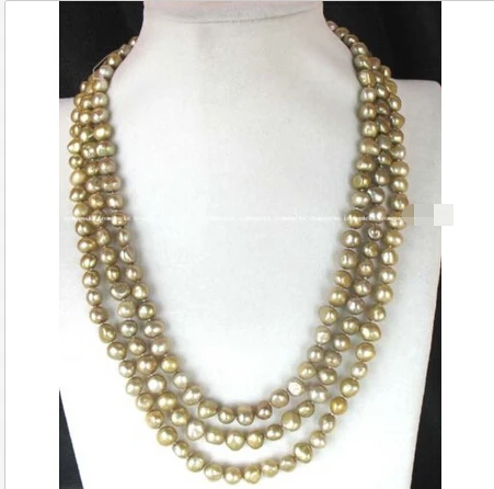 

3rows freshwater pearl baroque champagne necklace 20-22" ^^^@^Noble style Natural Fine jewe FREE SHIPPING