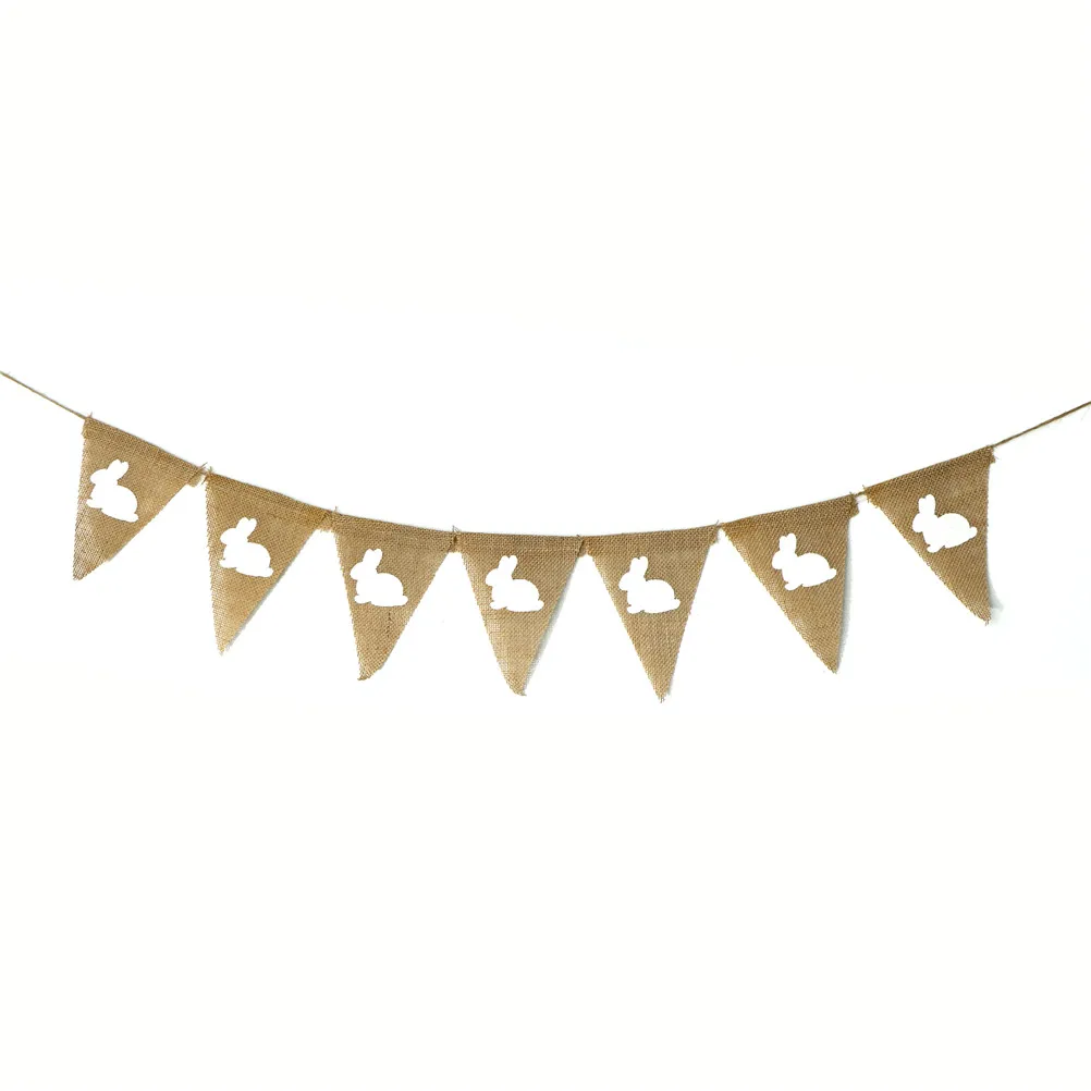 MENGXIANG 2.2M Jute Hessian Burlap Rabbit Pennant Hanging Bunting Banner Easter Festival Banner Garland Easter Party Decoration