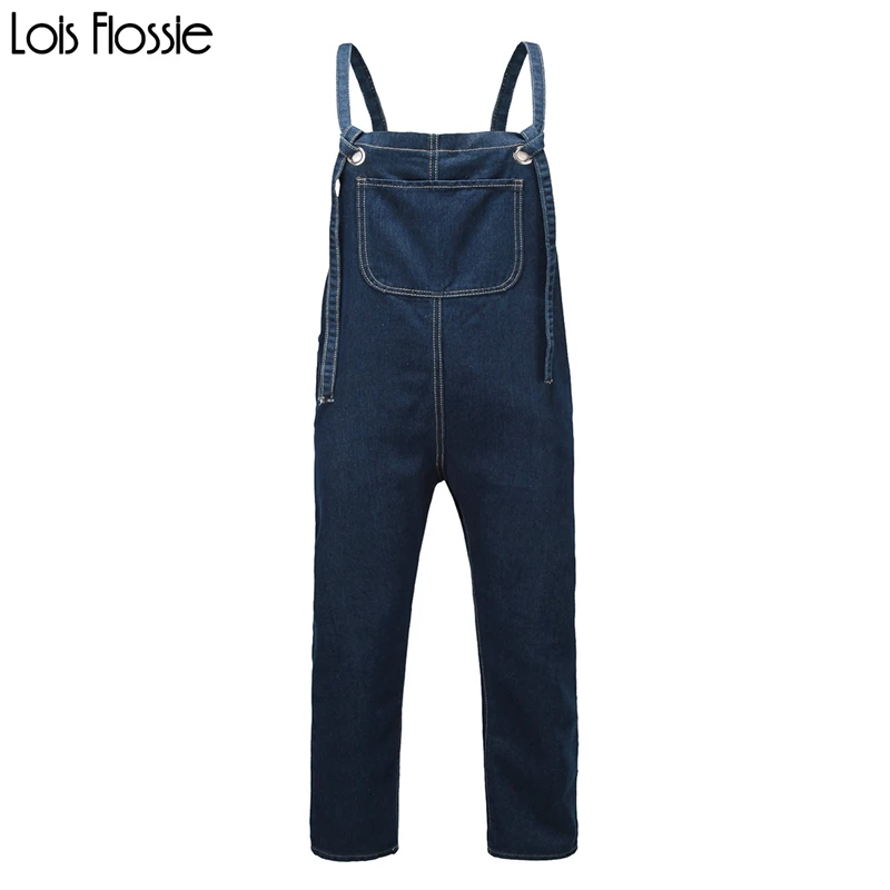 Basic loose blue denim tied suspender pants for women ladies casual large size oversized cotton