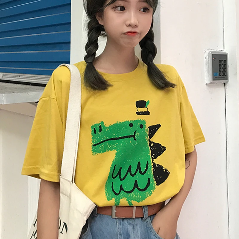 

Women's Cute Dinosaur Print T-shirt Summer Korean Fashion Short-sleeved O-neck Shirt Loose T-shirt Kawaii Clothes