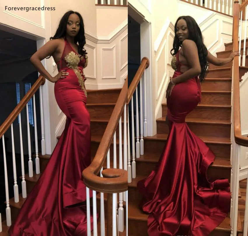 Dark Red With Gold Appliques Mermaid Prom Dresses For Black Girls Junior Graduation Evening Gowns Split V Neck Backless Women Vestidos 132 (7)