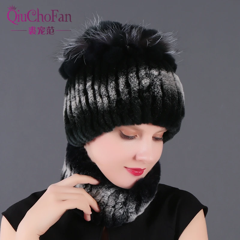 Baratos Invierno 100% piel de conejo Rex auténtica mujer juegos de gorro y bufanda cómodo cálido Vintage piel Casual mujer gorros para mujer bufandas nueva llegada