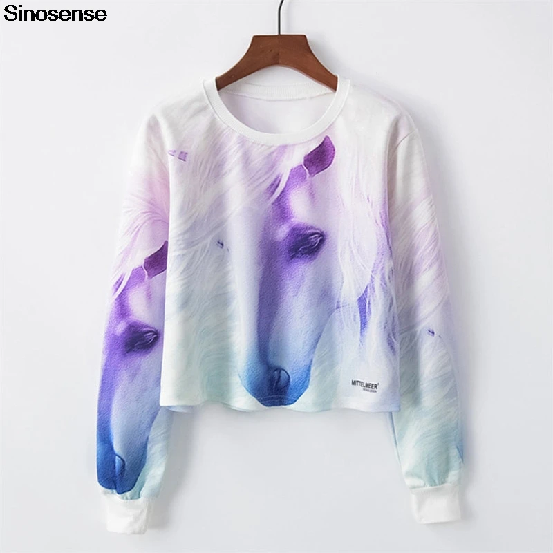 

New Animal Horse Print Women Hoodie Cropped Sweatshirt 2018 Long Sleeve Hooded Casual Pullover Clothing Crop Top Sweatshirt