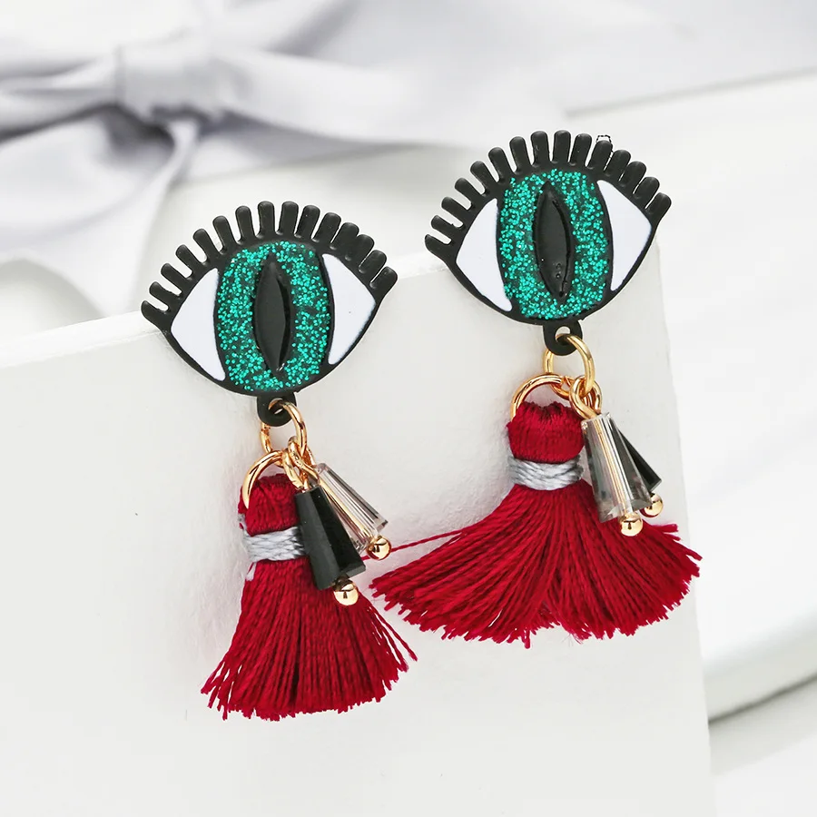 

Pendientes Mujer Moda 2018 Fringed Drop Earrings for Women Green Red Evil Eye Crystal Tassel Long Drop Earring Fashion Jewelry