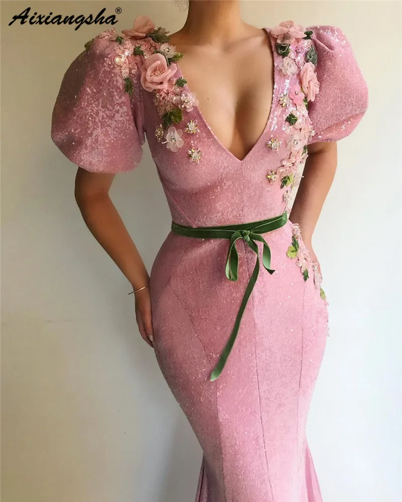 Vestidos Новинка вечернее платье с блестками Короткий рукав v образным вырезом 3D