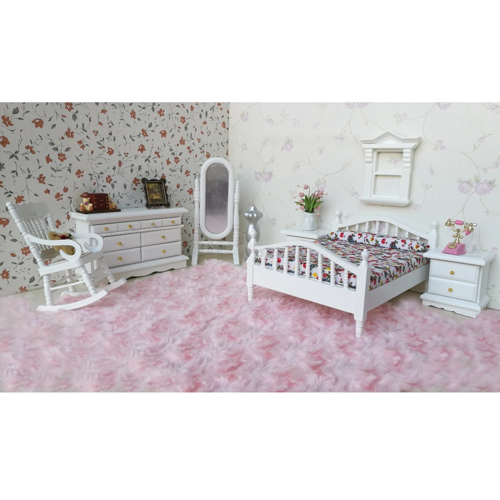 6Pieces 1:12 Scale Dollhouse Miniature Furniture Set White Wooden European Retro Bedroom Accessories Kids Pretend Play Toys