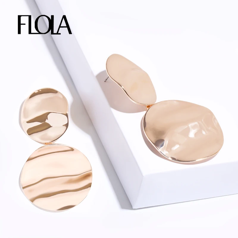

FLOLA Statement Geometric Metal Earrings Rose Gold Surface Wave Big Drop Earring Woman Vintage Gold Jewelry Ear Oorbellen ersn21