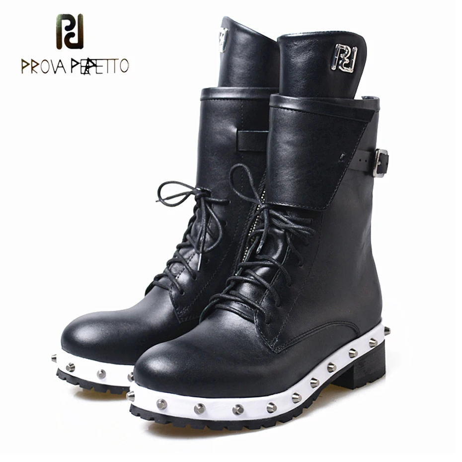 

Prova Perfetto rivet stud sole women motorcycle boots females black genuine leather thick bottom round toe chelsea short boots