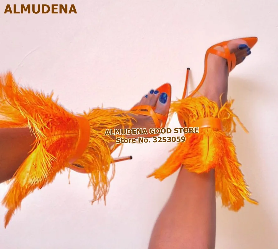 ALMUDENA/оранжевые/розовые/белые босоножки с перьями на высоком тонком каблуке 3d