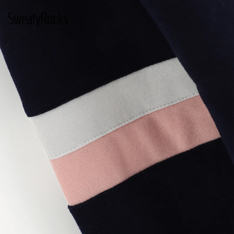 SweatyRocks البحرية التباين لوحة الرباط هوديي البلوز طويلة الأكمام البلوفرات المرأة هوديس 2018 الخريف عارضة سوياتشيرتس