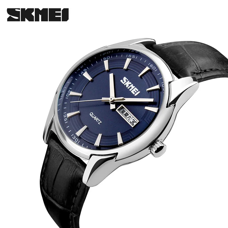 SKMEI Бизнес Серия Мужские кварцевые часы аналоговый Дисплей Дата мужские повседневные наручные часы мужские нарядные часы водонепроницаемые - Цвет: Leather Strap Blue