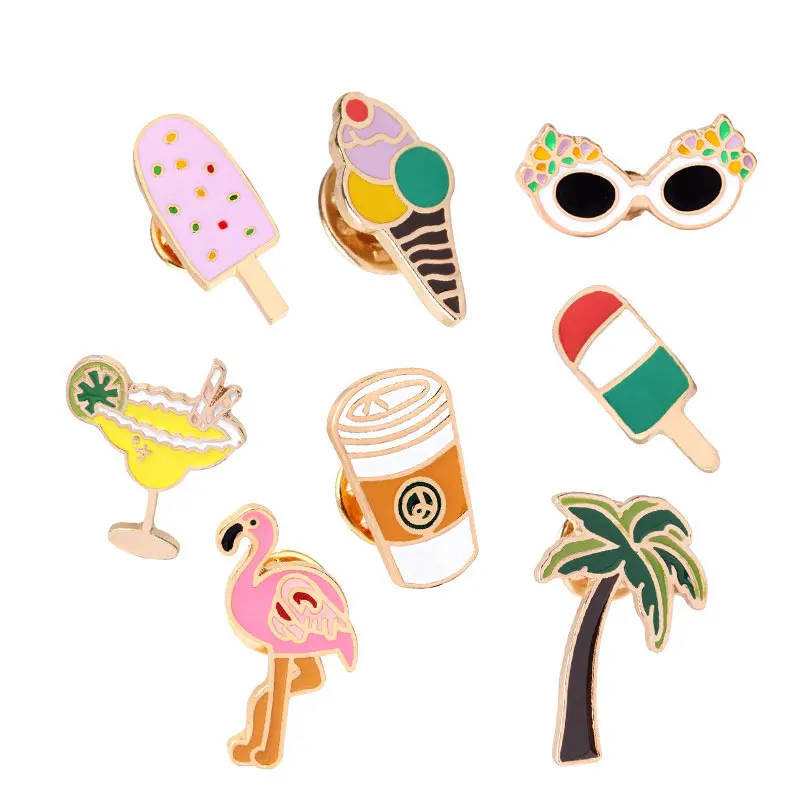 3~8 Pcs/set Cute Cherry Banana Enamel Brooch Pin Flamingo Dinosaur Plants Food Cats Cactus Juice Pins Badge Brooches For Women