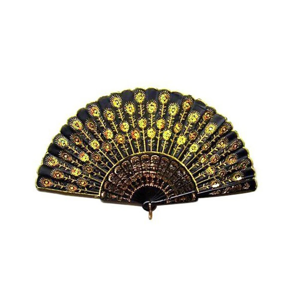 Women Glitter Fan Chic Golden Sequins Hand Fan Practical Lady Embroidered Foldable Fan Colorful