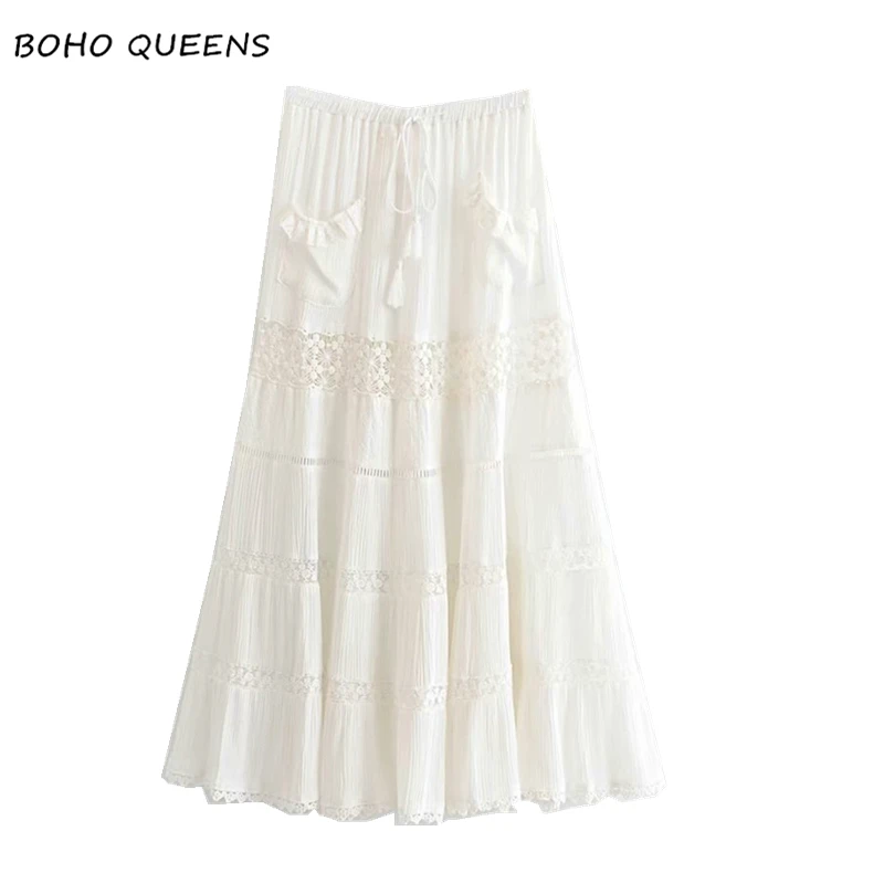 

Vintage chic fashion Hippie women white lace patchwork beach Bohemian skirt High Elastic Waist A-Line Boho Maxi Skirt Femme