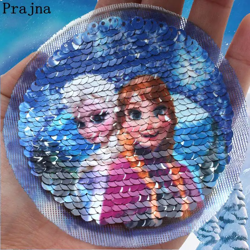 

Prajna Elsa's Ice Castle Princess Anna Reversible Patches Ice Princess High Quality Sequins Patches Sew On Appliques For Decor