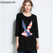 Женские весенне-осенние новые модные повседневные футболки большого размера Свободный круглый воротник с принтом тонкий универсальный черный Женский Длинный топ TGH134