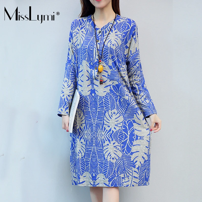 MissLymi XL-4XL Plus Size Women Linen Dress 2017 Autumn Vintage Floral Print V-neck Long Sleeve Pockets Casual Loose Blue Dress plus-floral-dress : image MissLymi XL-4XL Plus Size Women Linen Dress 2017 Autumn Vintage Floral Print V-neck Long Sleeve Pockets Casual Loose Blue Dress plus-floral-dress