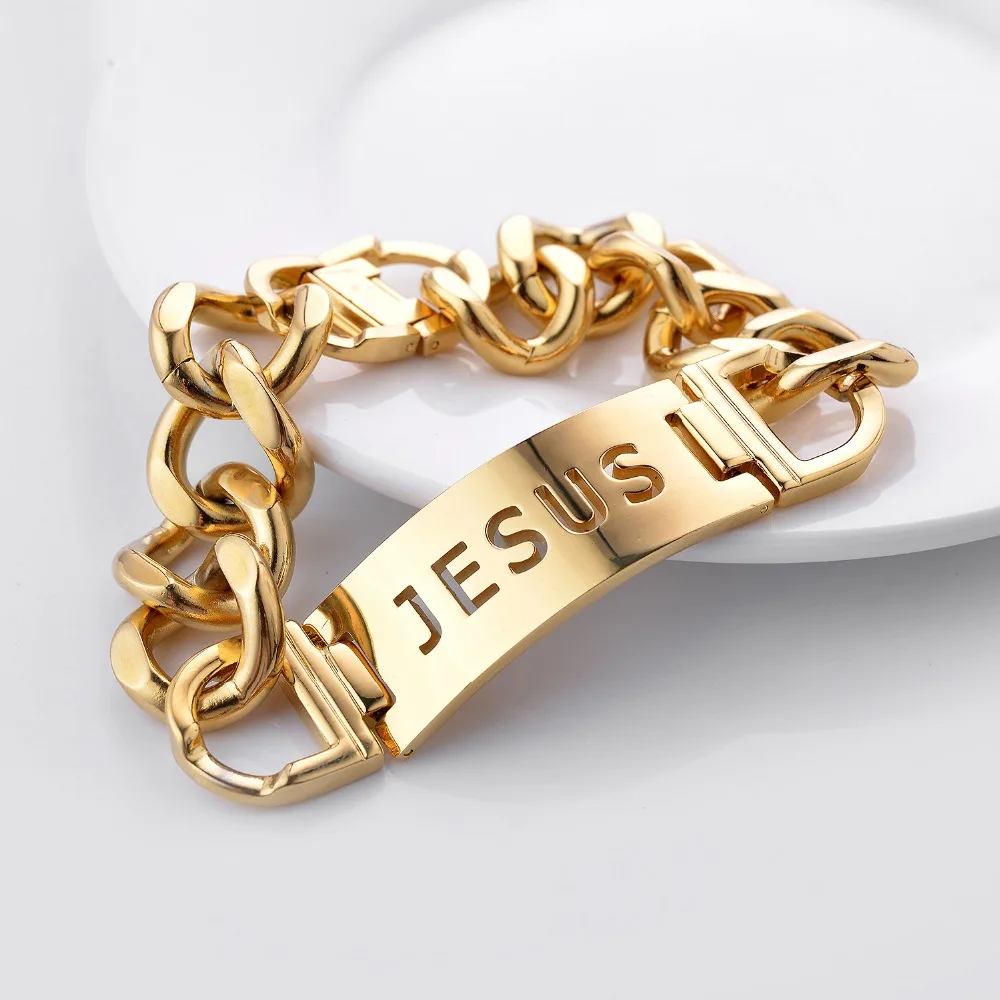 

20MM Wide Stainless Steel Jesus Bracelet Gold Color Big Punk Link Oxidation-resisting Steel Hand Chain