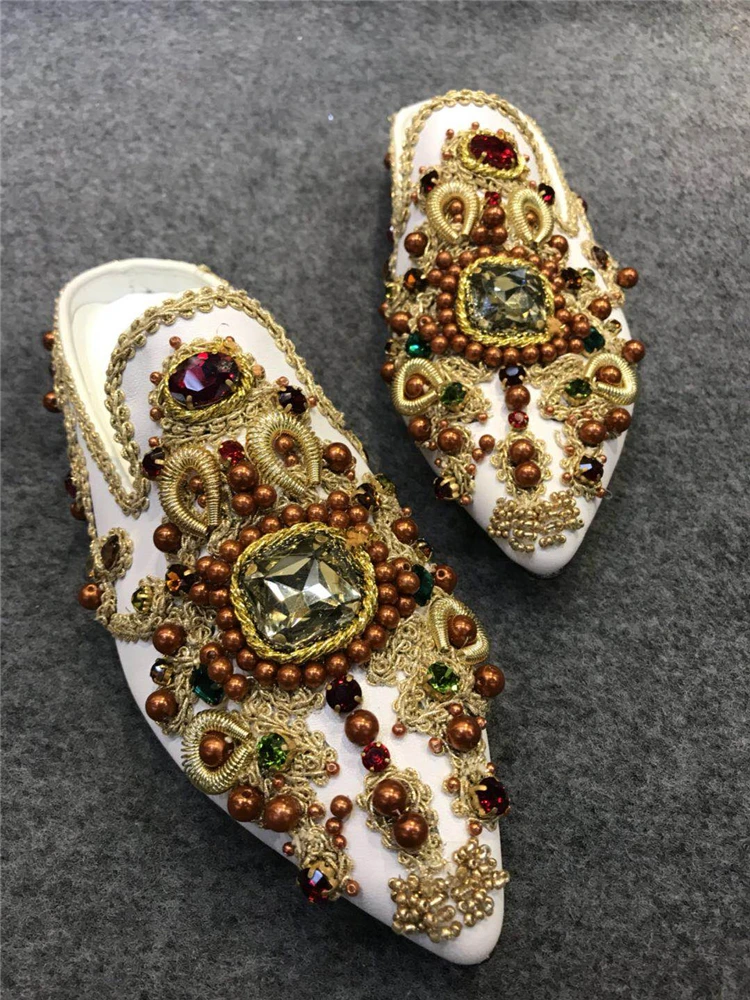 

Woman Flats Retro String Bead Mules Slippers Designer Pointed Toe Woman Flats Embroidery Geml Plus Size Slippers Black White