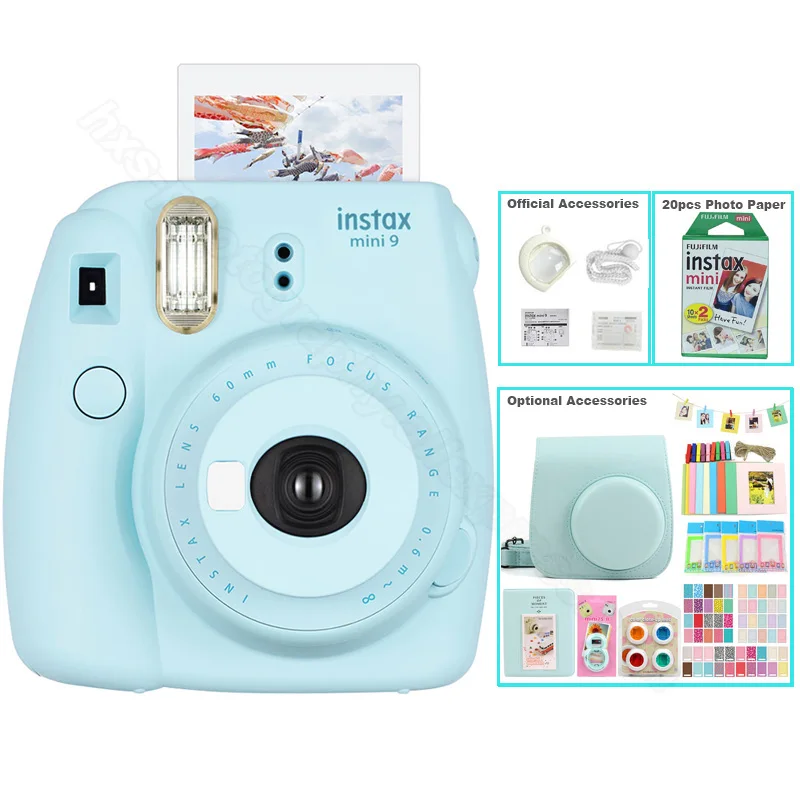 Новинка, 5 цветов, Fujifilm Instax Mini 9, набор для мгновенной фотосъемки с сумкой для переноски, пленка Instax Mini 20 шт, альбом, наклейки и объектив