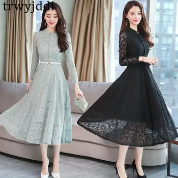 

2020 Spring Summer Plus Size Vintage Lace Midi Dresses Women Elegant Bodycon Black Maxi Dress Party Long Sleeve Runway Vestidos