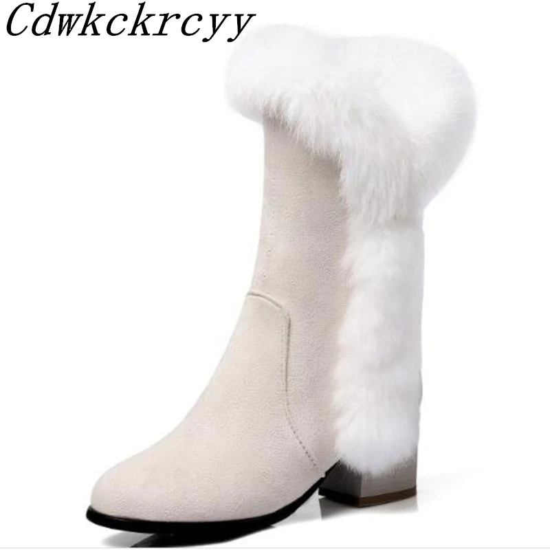 

Women Boots Autumn and winter New style Cashmere True rabbit hair Comfortable Coarse heel Keep warm Boots plus size 34-45