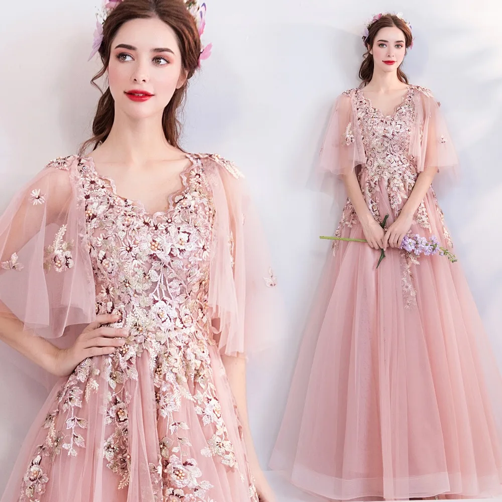 

Pink Fairytale Prom Dresses Long 2019 Spring Tulle Embroidery Flowers Formal Dress Women Occasion Party Gown Robe De Soiree