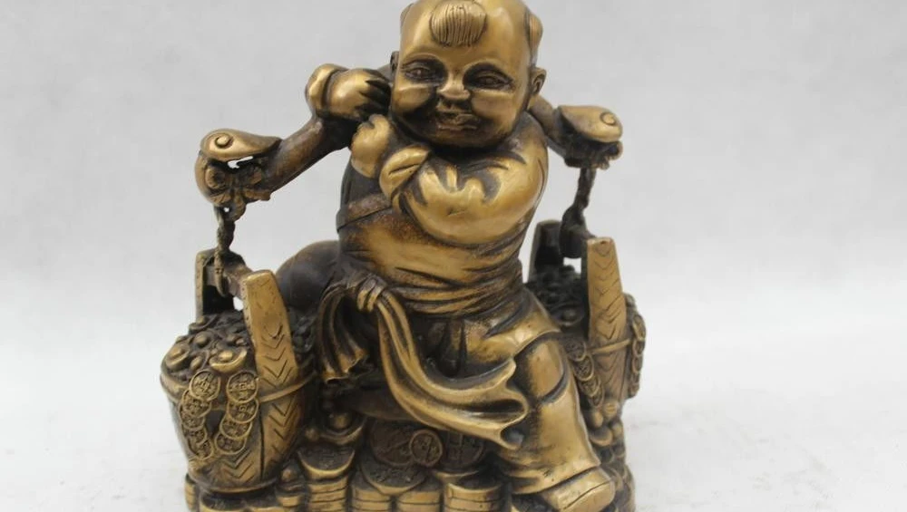 

8"Chinese Folk Pure Bronze Lucky Money drawing Boy stir up Money Statue