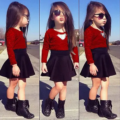 

Baby Kids Girls Lace Red Floral Long Sleeve O-neck Tops+Solid Black Skirt Clothes Set 2pcs Sets Outfits Suits 2-11Y 2019