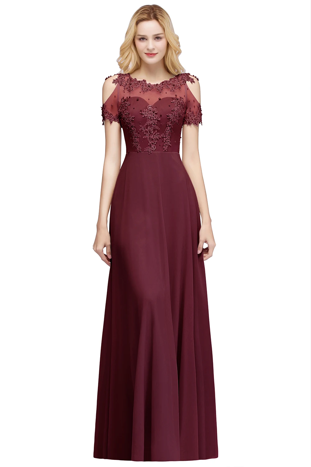2019 Burgundy Navy Chiffon Long Bridesmaid Dresses 2019 Scoop Neck Applique Wedding Guest Party Gown vestido madrinha