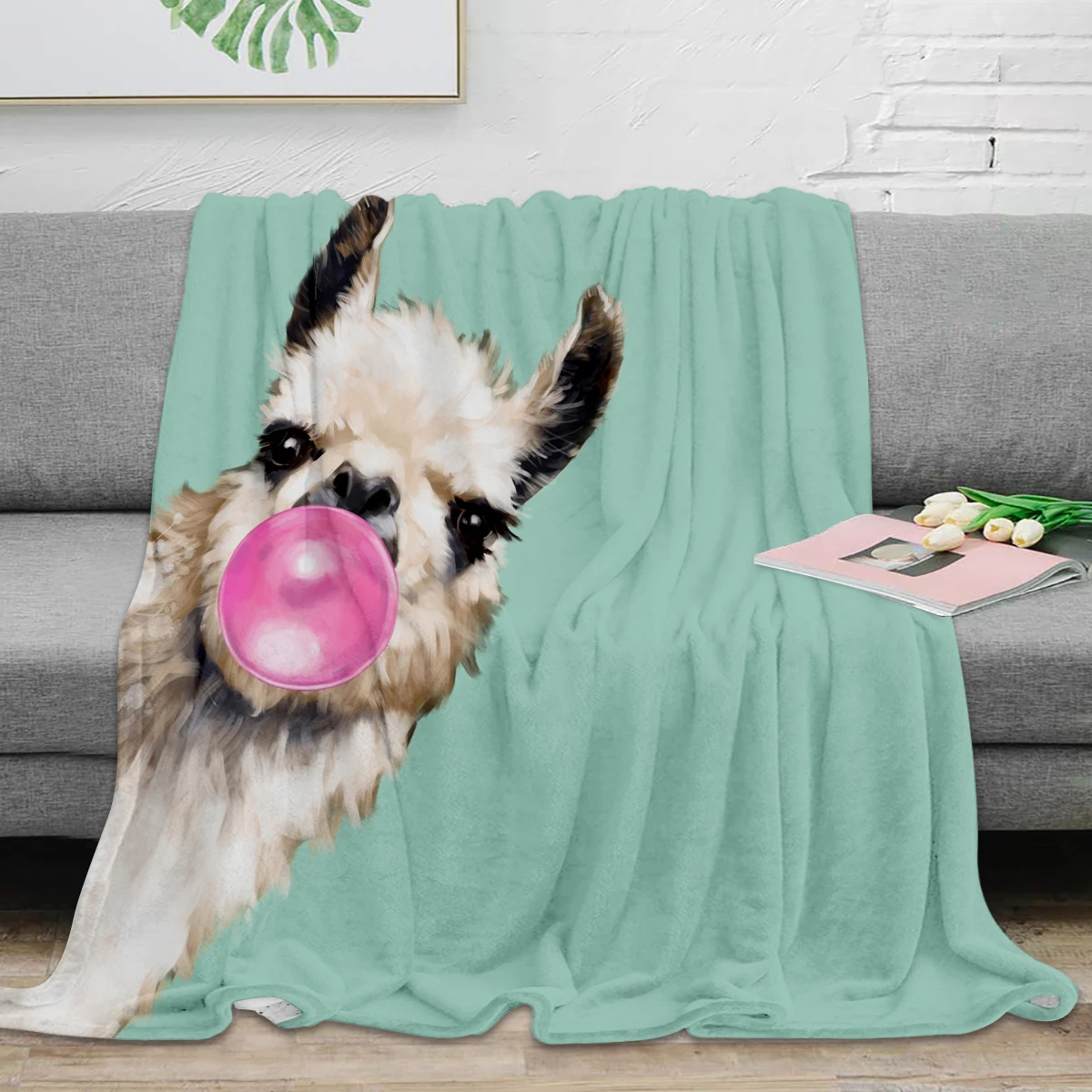 

Bubble Gum Sneaky Llama in Green Throw Blanket Warm Microfiber Blanket