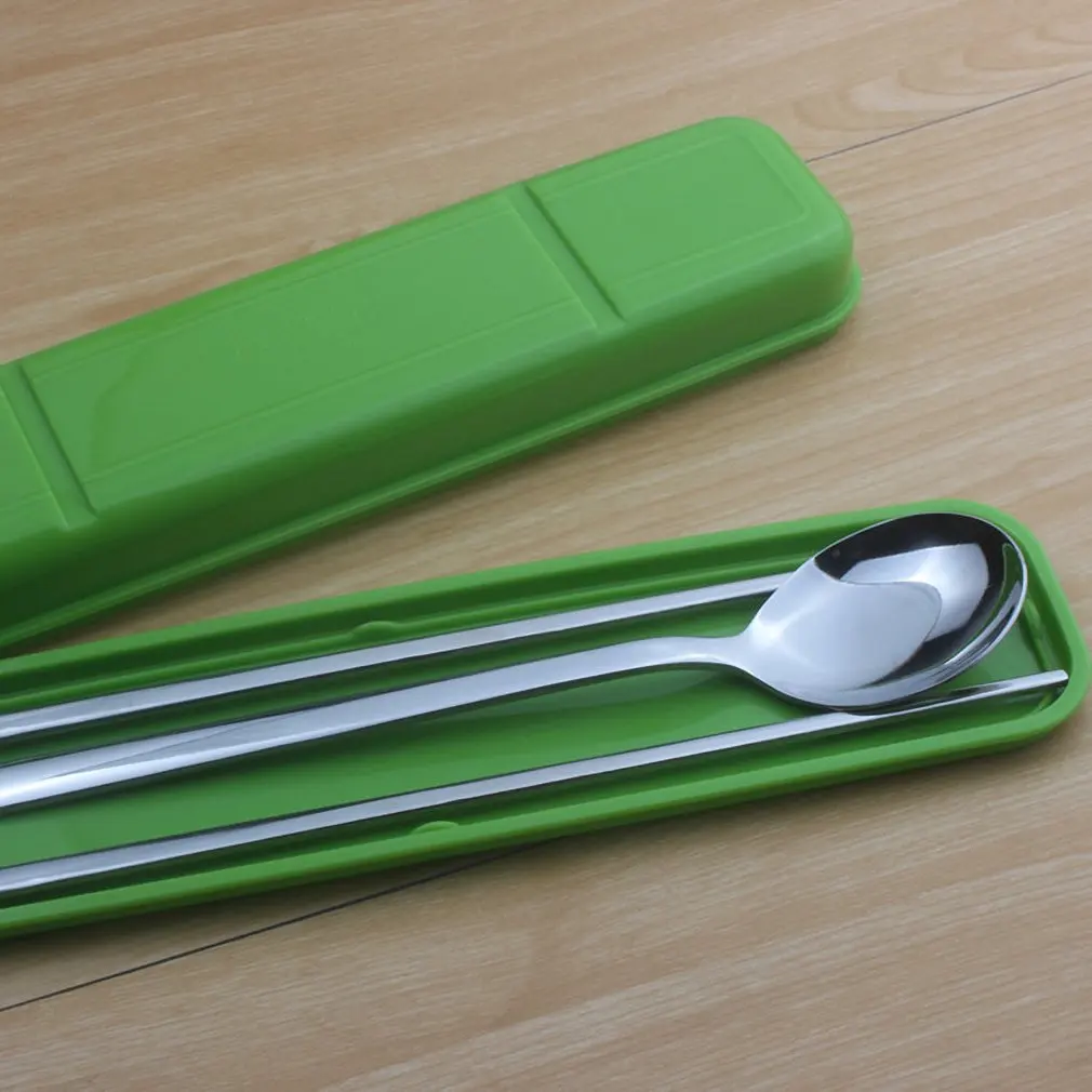 2 в 1 комплект переносной посуды стальная длинная ручка ложка для перемешивания Корея плоские палочки для еды Ложка большая длинная ручка