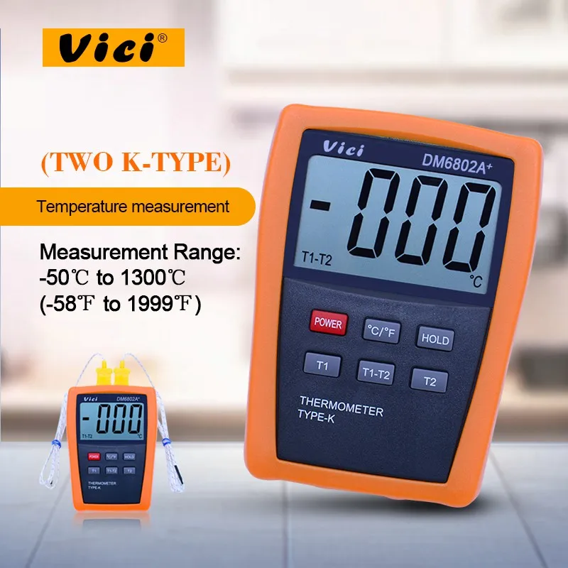 

LCD Digital Thermometer Temperature Meter w/Two K-Type Thermocouple Probes Measuring -50-1300 Degree VICI DM6802A+