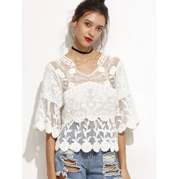 

White Horn Sleeve Bat Shirt Pullover Sexy V Perspective Lace Blouse womens tops and blouses vintage summer top chemise femme