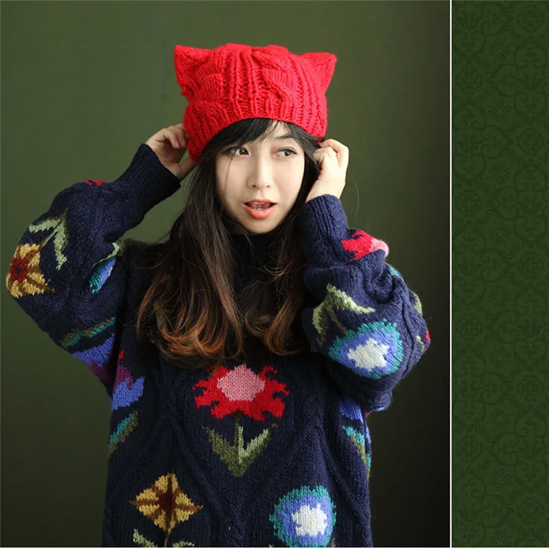 

Autumn Winter Warm Stylish Thick Knitted Wool Hat With Two Cat Ears Women's Beanie Warm Soft Cap New Solid Hot Wear