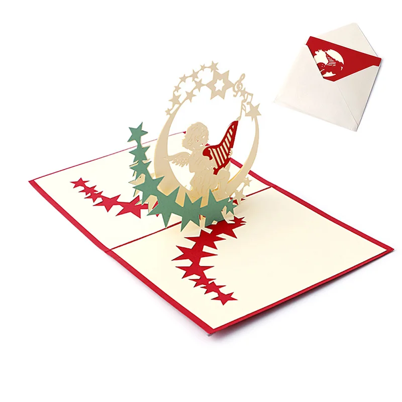 Cartes De Vœux Pop Up En 3d Pour Vacances Cadeau De Noel De Thanksgiving Avec Etoiles D Ange A Musique Aliexpress
