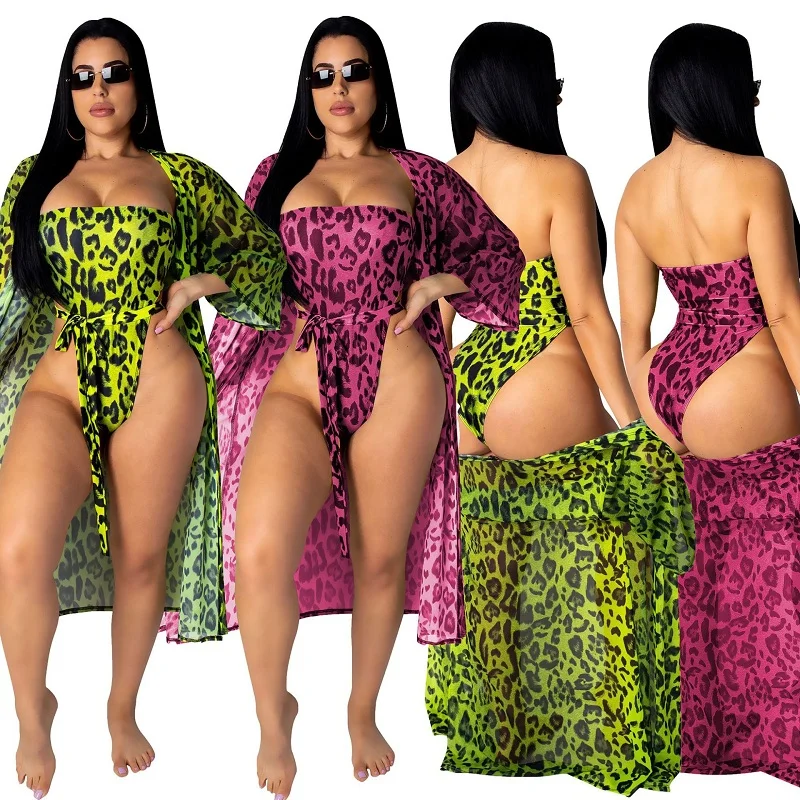 

2019 New print leopard one piece swimsuit and beach cover ups sets sexy women high cut swimwear bathing suit cover up 2PCS/Set