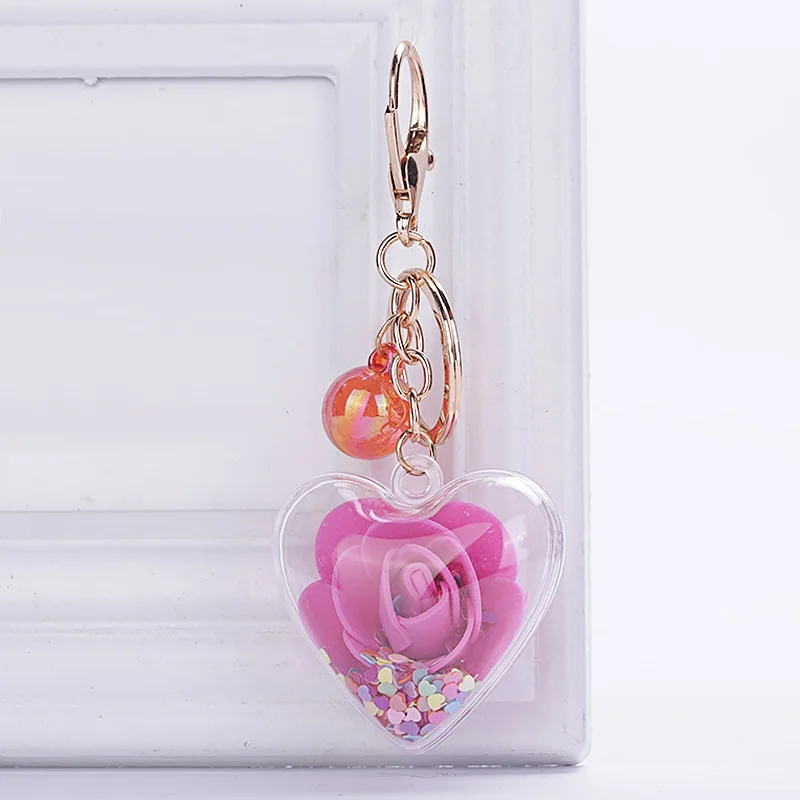 New Fashion Sequins Glitter Rose Keychain Pendant Transparent Plastic Eternal Flower Key Chain Women Car Handbag Keyring