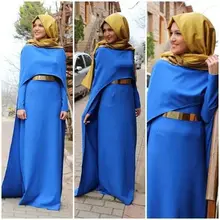Blue Long Muslim Evening Dresses Hijab A Line Vestido De Festa Full Sleeves Floor Length Sash Simple Elegant